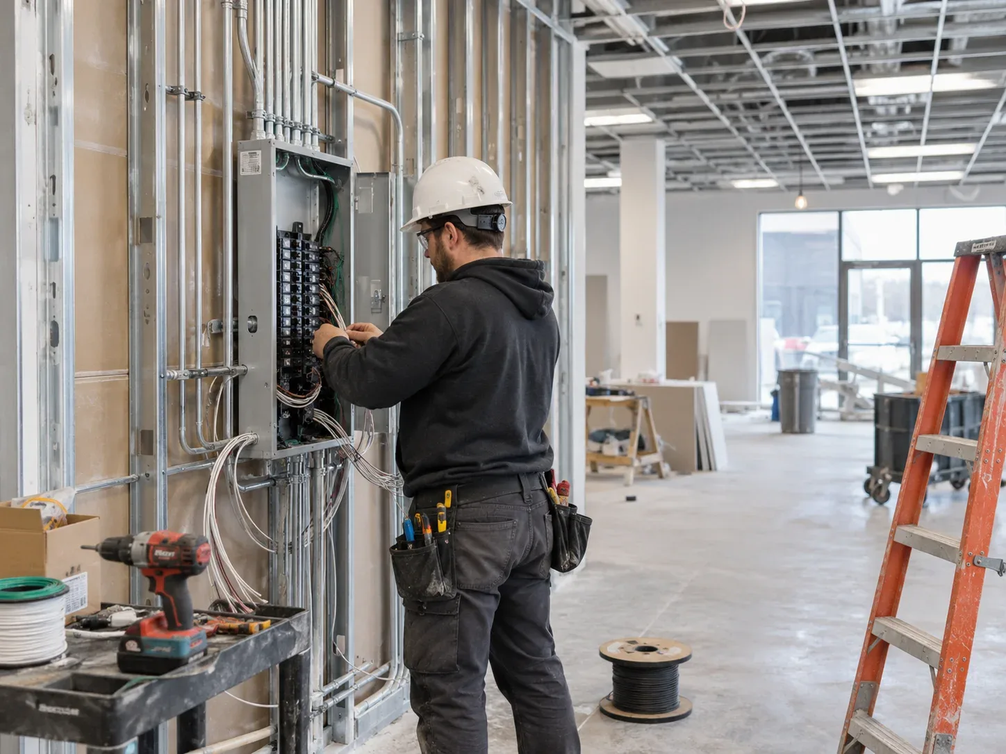 Commercial electrician Aurora wiring a tenant fit-out and electrical panel